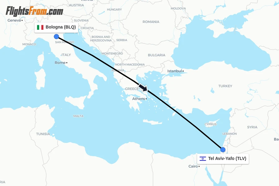 Flights from Bologna to Tel Aviv-Yafo route map