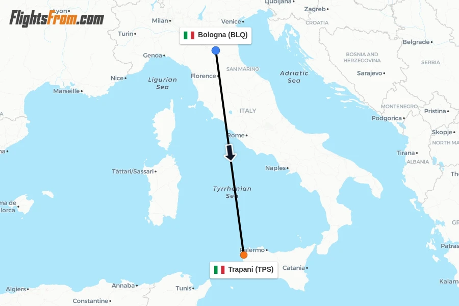 Flights from Bologna to Trapani route map