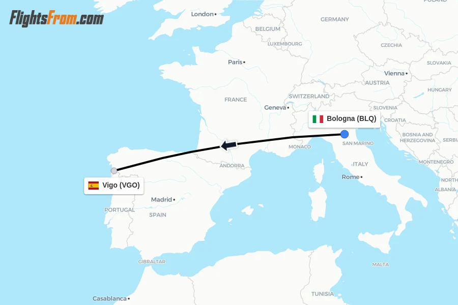 Flights from Bologna to Vigo route map