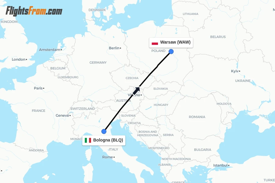 Flights from Bologna to Warsaw route map