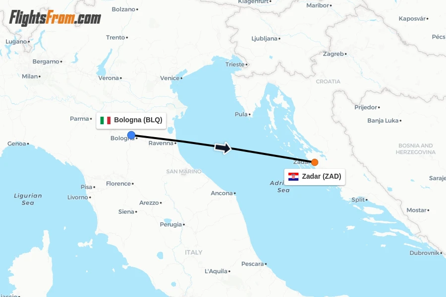 Flights from Bologna to Zadar route map