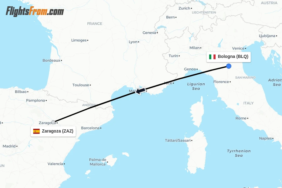 Flights from Bologna to Zaragoza route map
