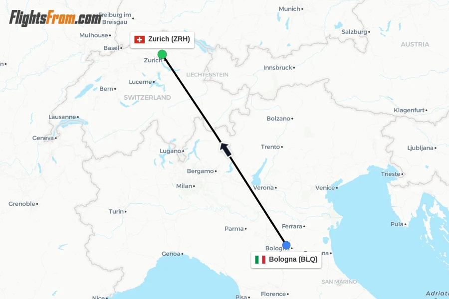 Flights from Bologna to Zurich route map