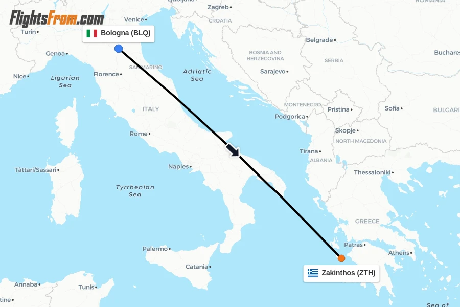 Flights from Bologna to Zakinthos route map