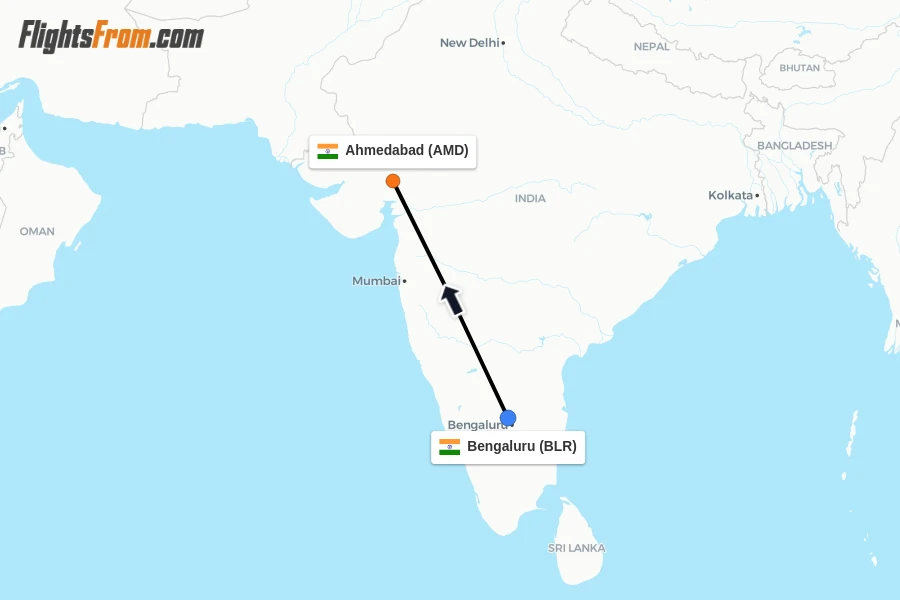 Flights from Bengaluru to Ahmedabad route map