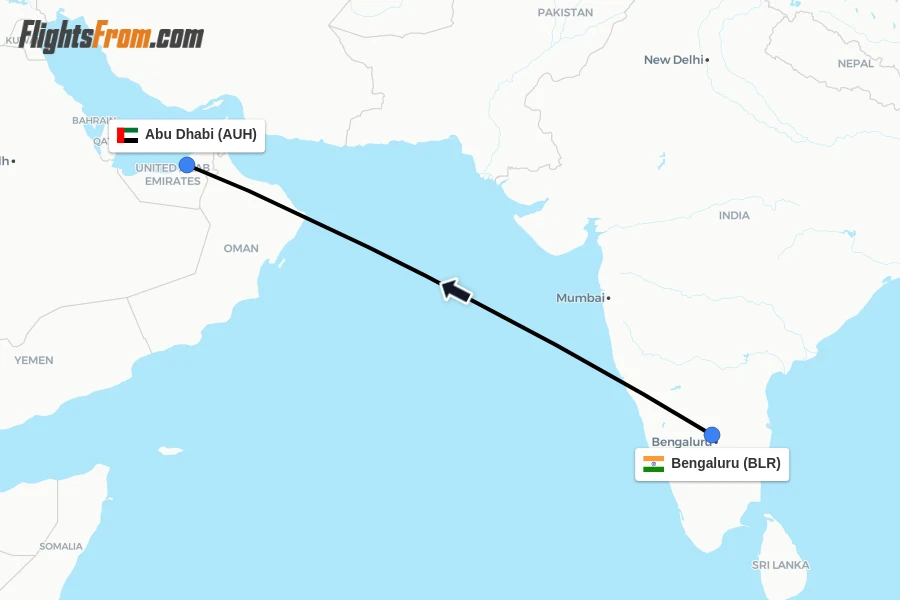 Flights from Bengaluru to Abu Dhabi route map