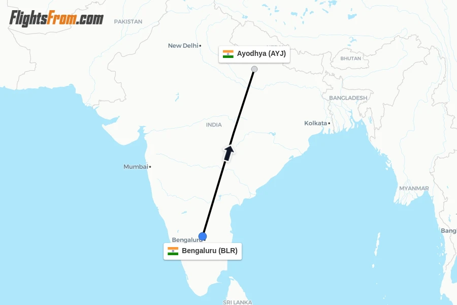 Flights from Bengaluru to Ayodhya route map