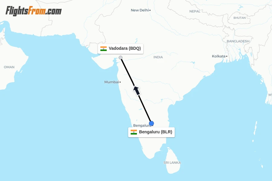 Flights from Bengaluru to Vadodara route map