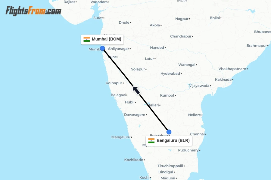 Flights from Bengaluru to Mumbai route map