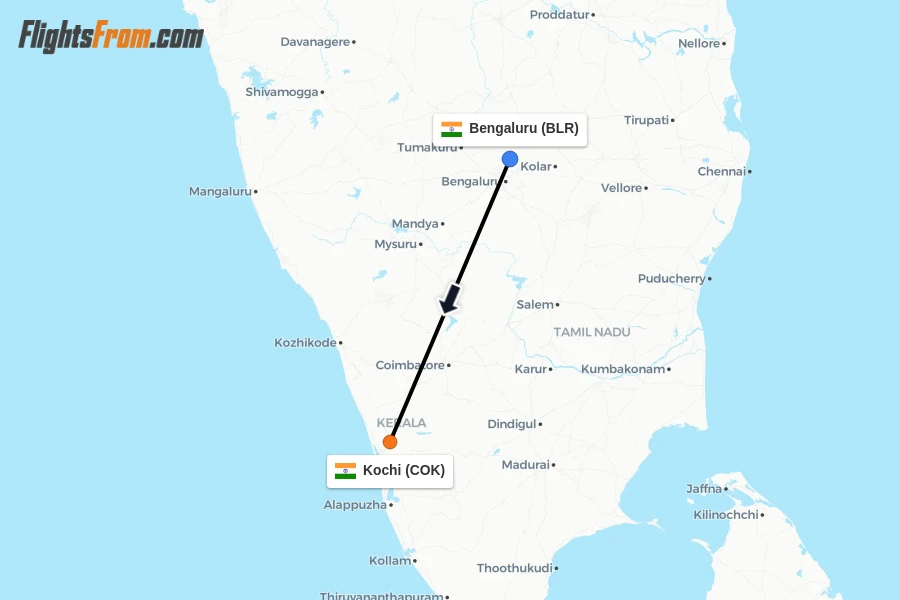 Flights from Bengaluru to Kochi route map