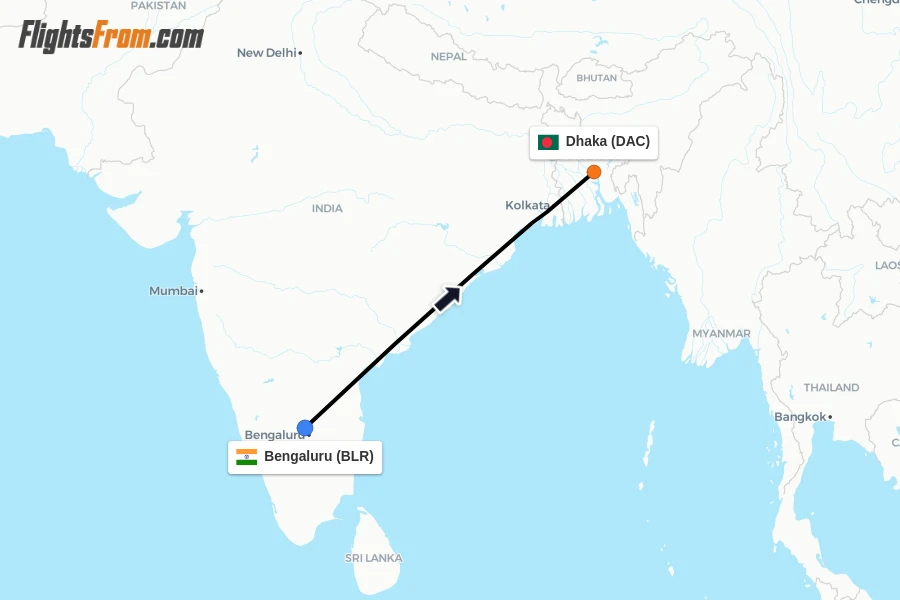 Flights from Bengaluru to Dhaka route map