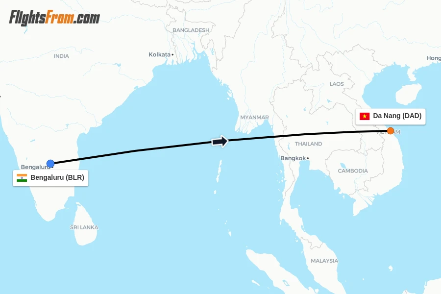 Flights from Bengaluru to Da Nang route map