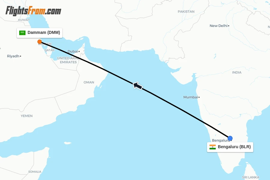 Flights from Bengaluru to Dammam route map