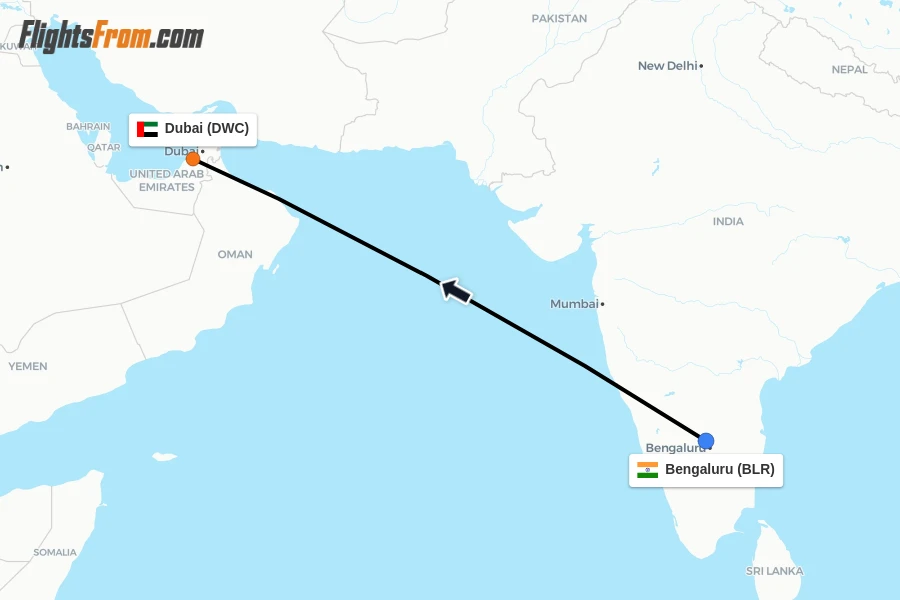 Flights from Bengaluru to Dubai route map