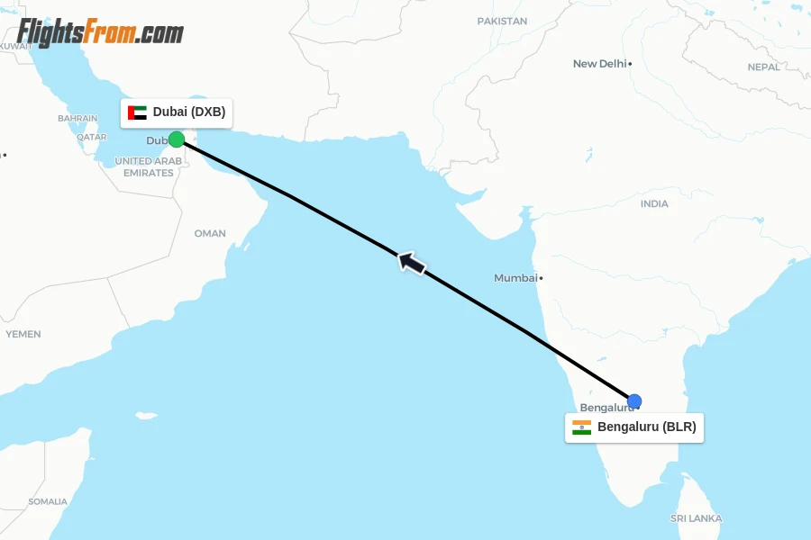 Flights from Bengaluru to Dubai route map