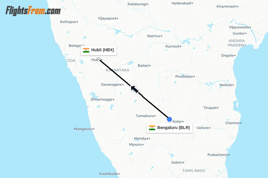 Flights from Bengaluru to Hubli route map