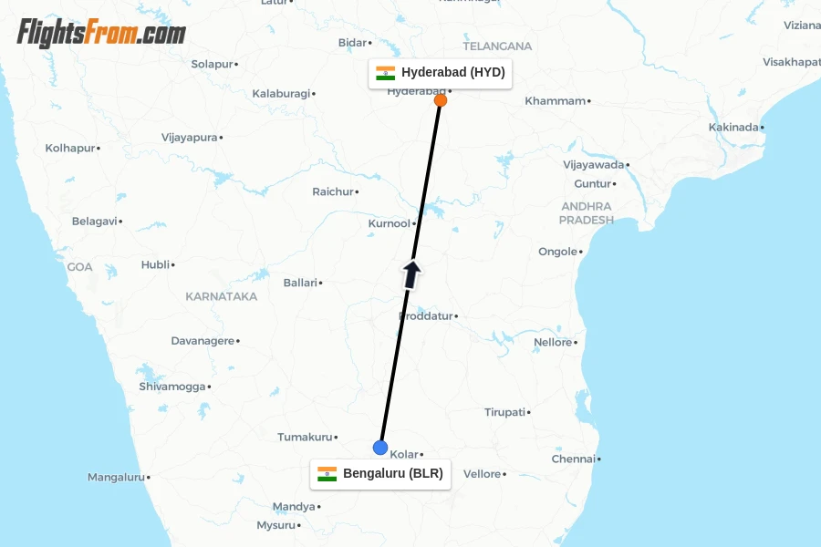 Flights from Bengaluru to Hyderabad route map