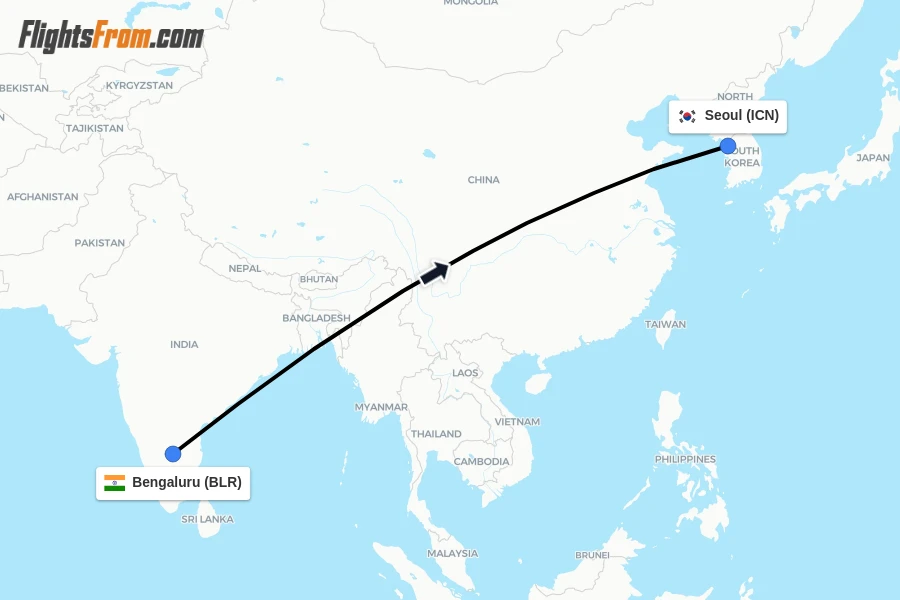 Flights from Bengaluru to Seoul route map