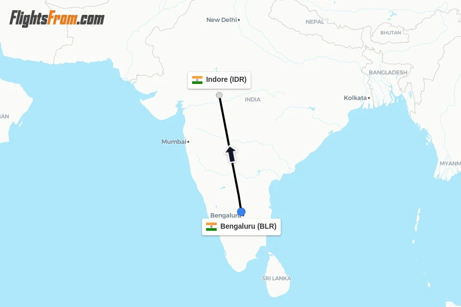Flights from Bengaluru to Indore route map