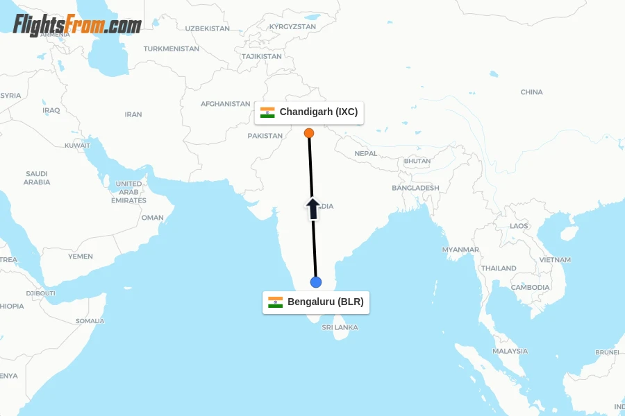 Flights from Bengaluru to Chandigarh route map