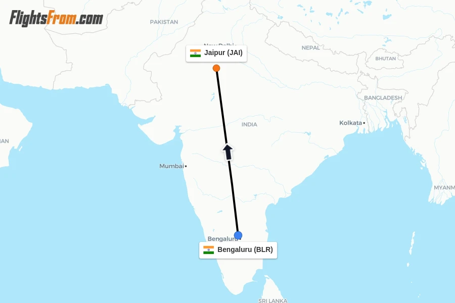 Flights from Bengaluru to Jaipur route map