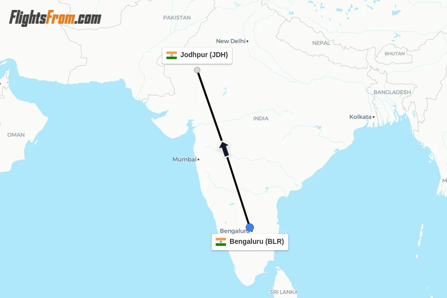 Flights from Bengaluru to Jodhpur route map