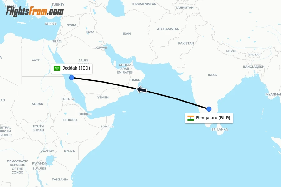 Flights from Bengaluru to Jeddah route map