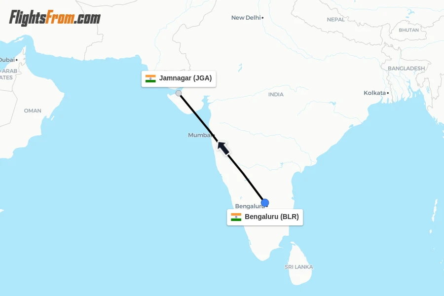 Flights from Bengaluru to Jamnagar route map