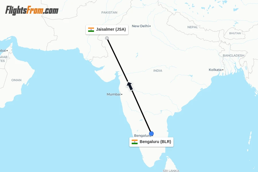 Flights from Bengaluru to Jaisalmer route map