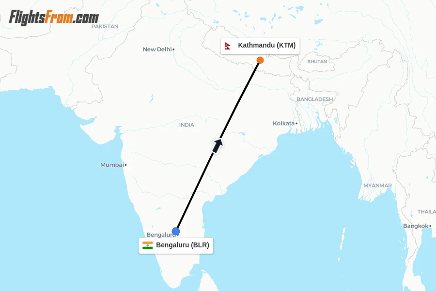 Flights from Bengaluru to Kathmandu route map
