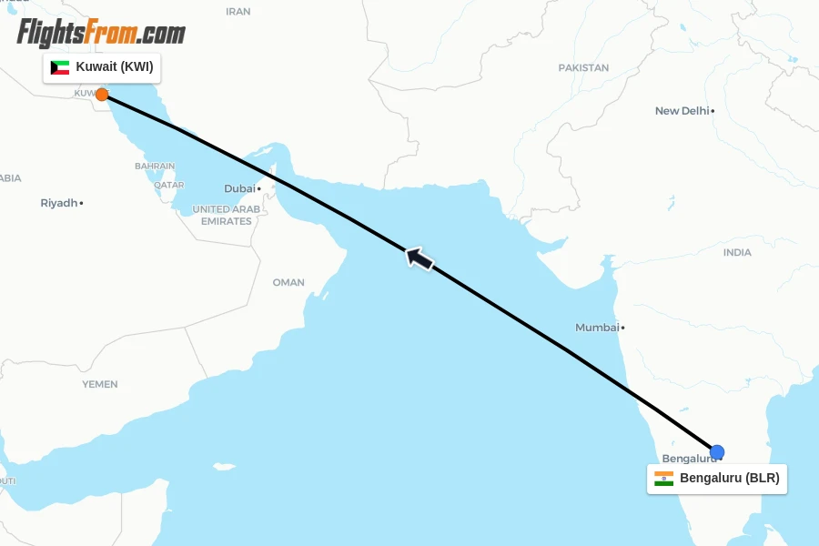 Flights from Bengaluru to Kuwait route map
