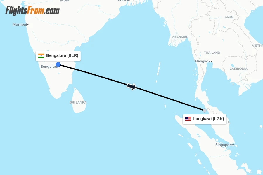 Flights from Bengaluru to Langkawi route map