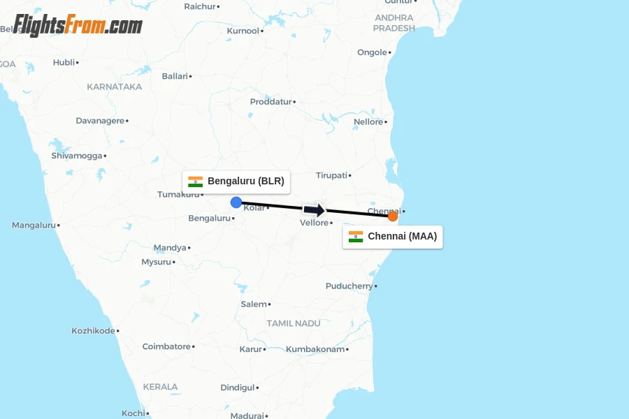 Flights from Bengaluru to Chennai route map