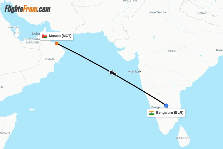 Flights from Bengaluru to Muscat route map