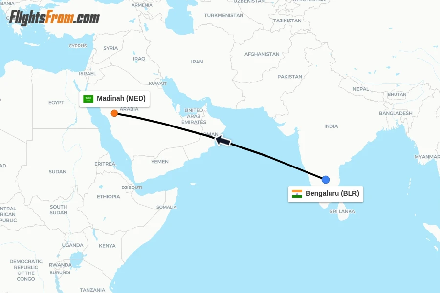 Flights from Bengaluru to Madinah route map