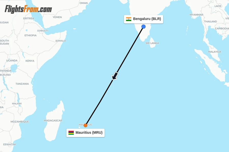 Flights from Bengaluru to Mauritius route map