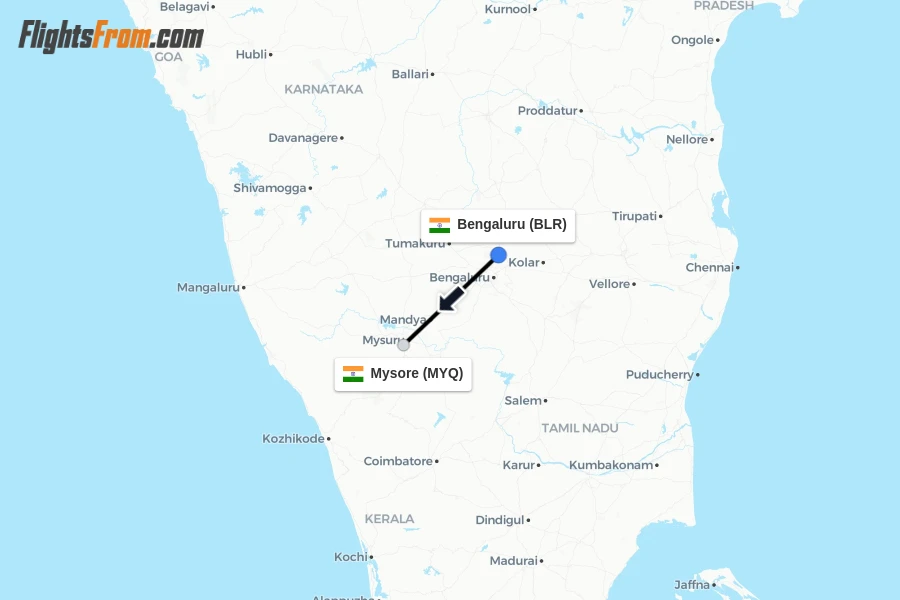 Flights from Bengaluru to Mysore route map