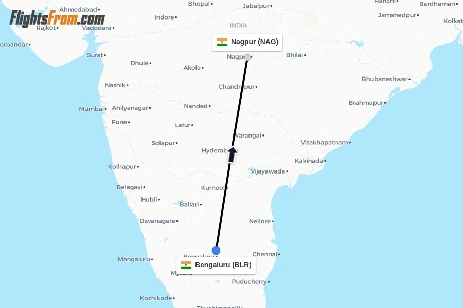 Flights from Bengaluru to Nagpur route map