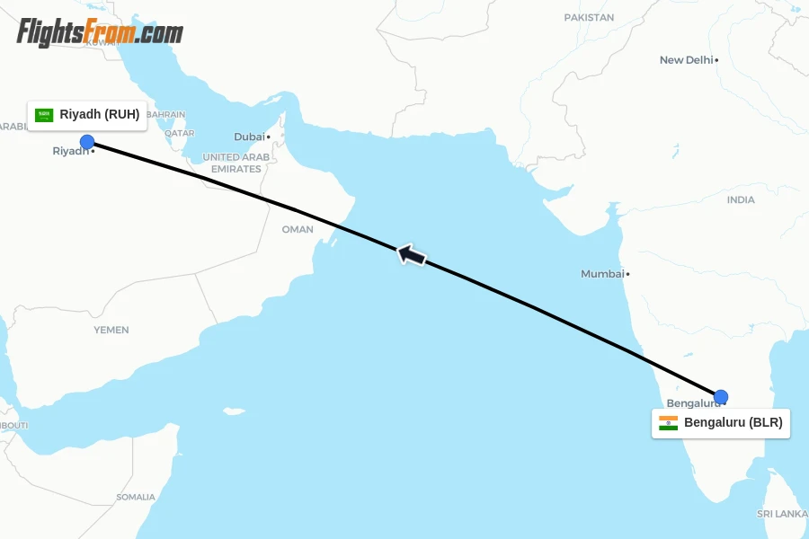 Flights from Bengaluru to Riyadh route map