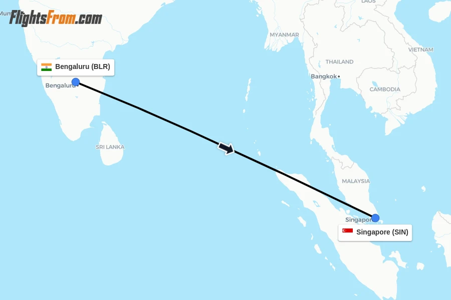 Flights from Bengaluru to Singapore route map