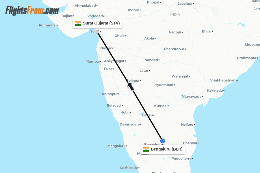 Flights from Bengaluru to Surat Gujarat route map