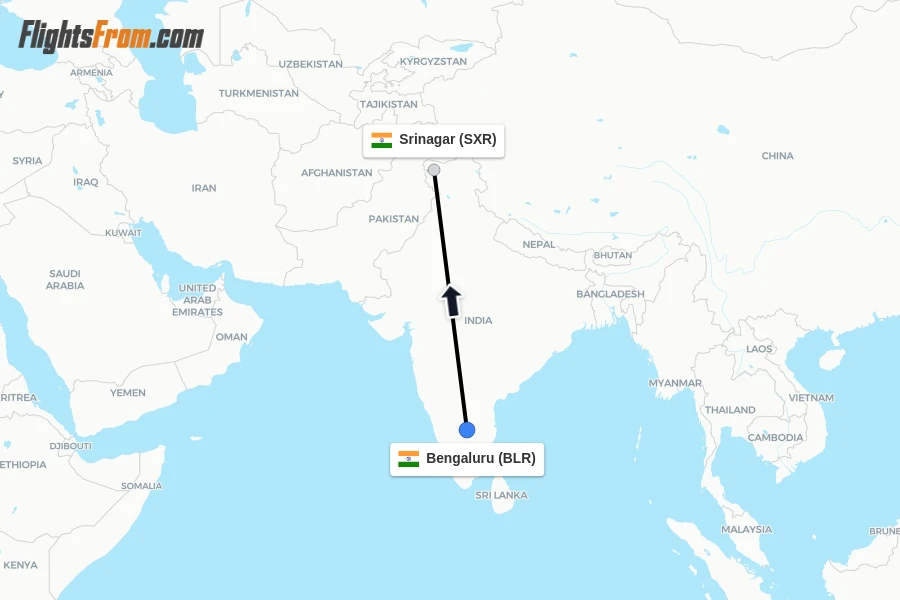 Flights from Bengaluru to Srinagar route map