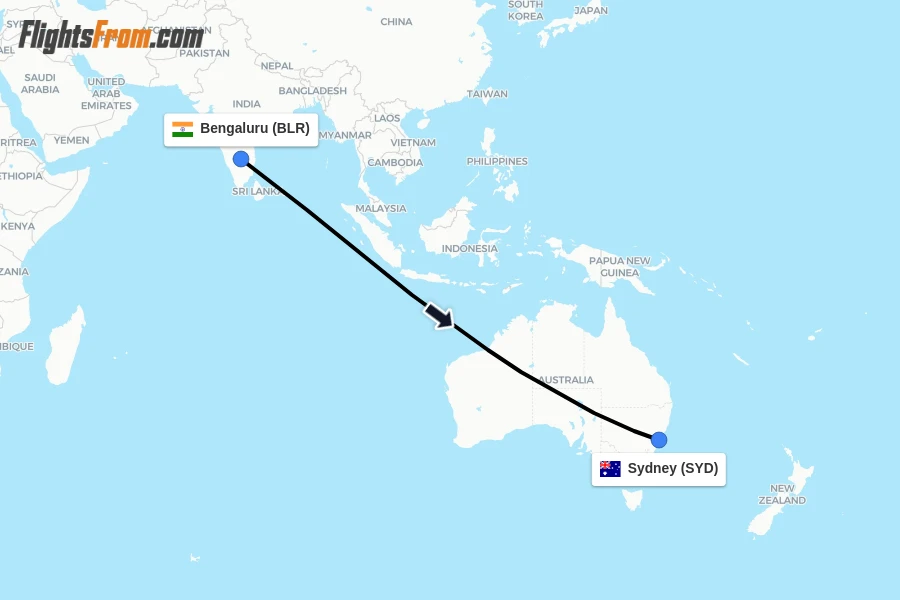 Flights from Bengaluru to Sydney route map