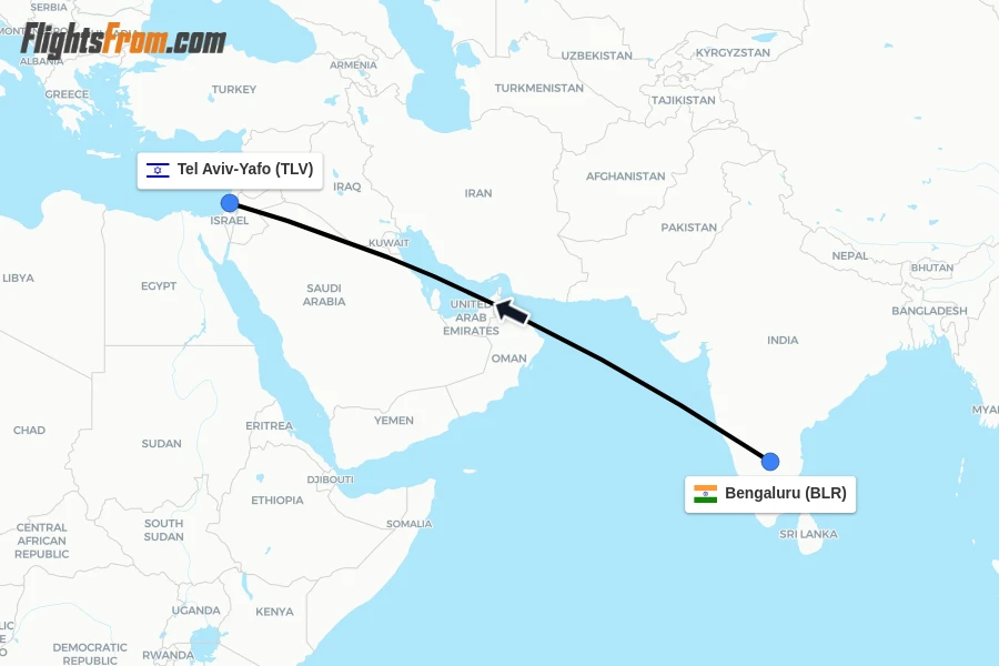 Flights from Bengaluru to Tel Aviv-Yafo route map