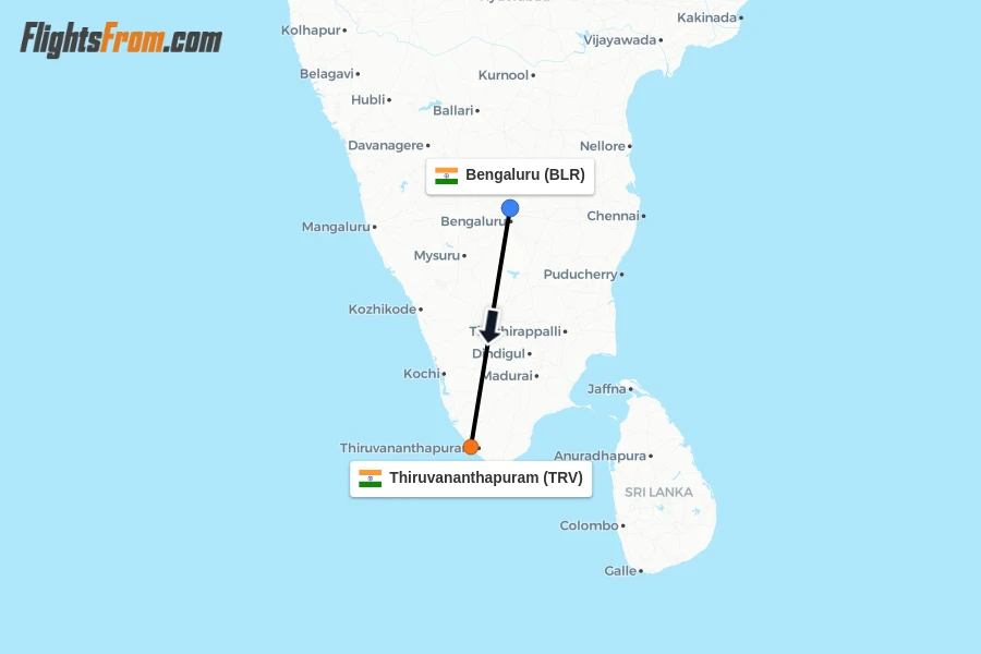 Flights from Bengaluru to Thiruvananthapuram route map