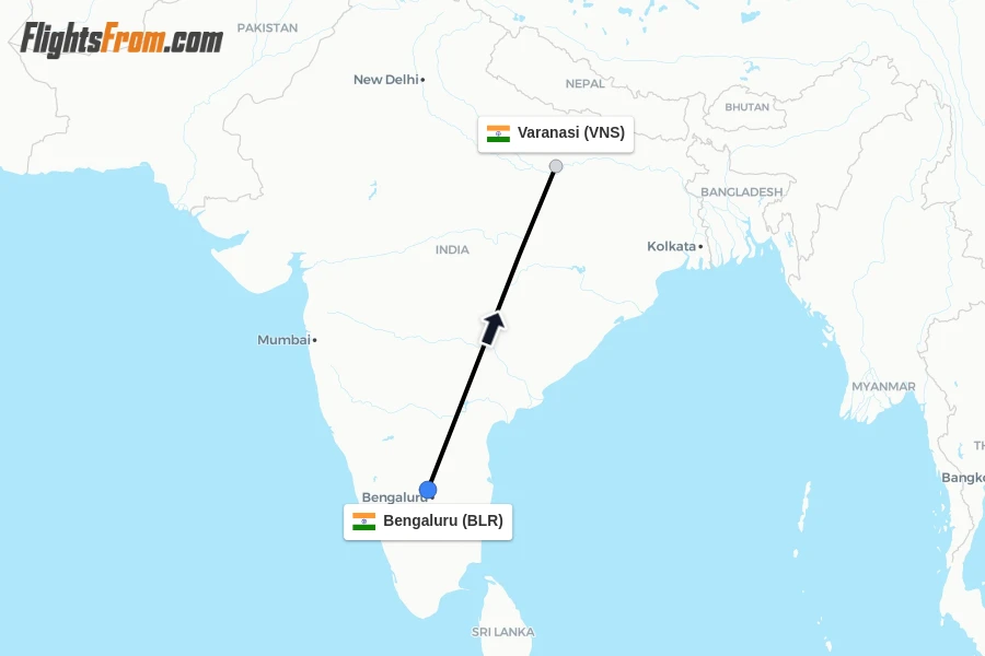 Flights from Bengaluru to Varanasi route map