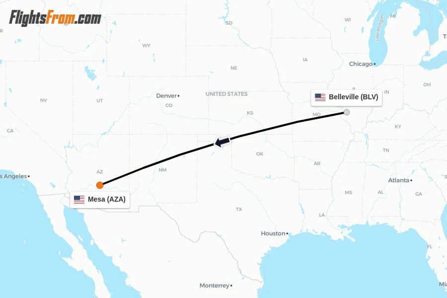 Flights from Belleville to Mesa route map