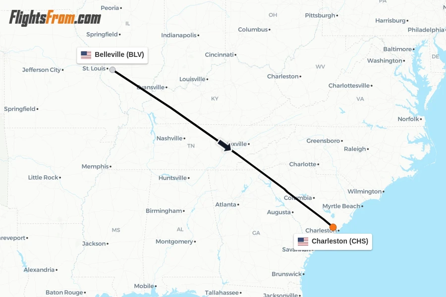 Flights from Belleville to Charleston route map