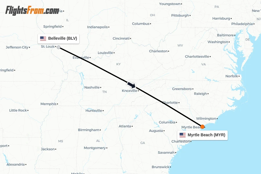 Flights from Belleville to Myrtle Beach route map