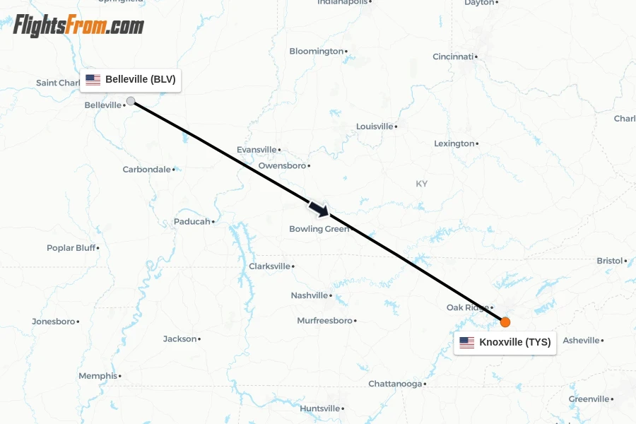 Flights from Belleville to Knoxville route map